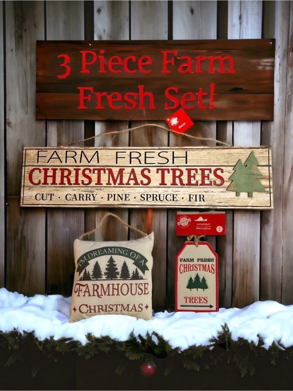 FARM FRESH CHRISTMAS TREE DECOR BUNDLE - 3 PIECES, ALL NEW WITH TAGS!